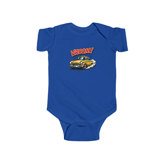 Vroom! Yellow Taxi Car Infant Bodysuit — Cute Baby Car Graphic Onesie