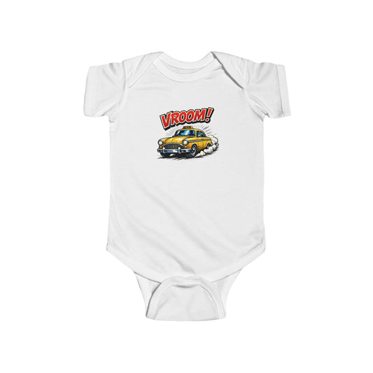 Vroom! Yellow Taxi Car Infant Bodysuit — Cute Baby Car Graphic Onesie