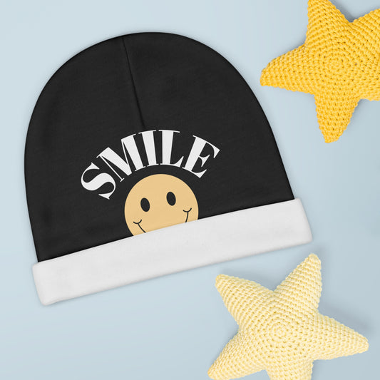 Black Color Smiley Baby Beanie - Adorable Infant Hat for Newborns